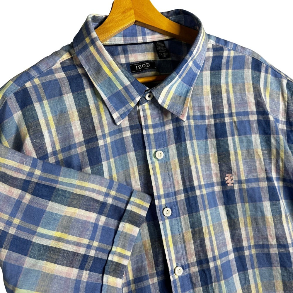 IZOD Mens 2XL Blue Pink Plaid Linen Blend Short Sleeve Button Up Shirt PL141817
